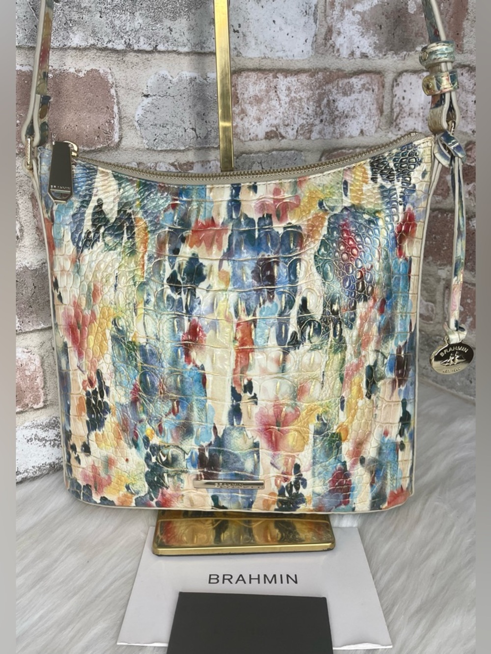 Brahmin Watercolor-Print Embossed Leather Crossbody in Blue, Teal, Pink & Cream